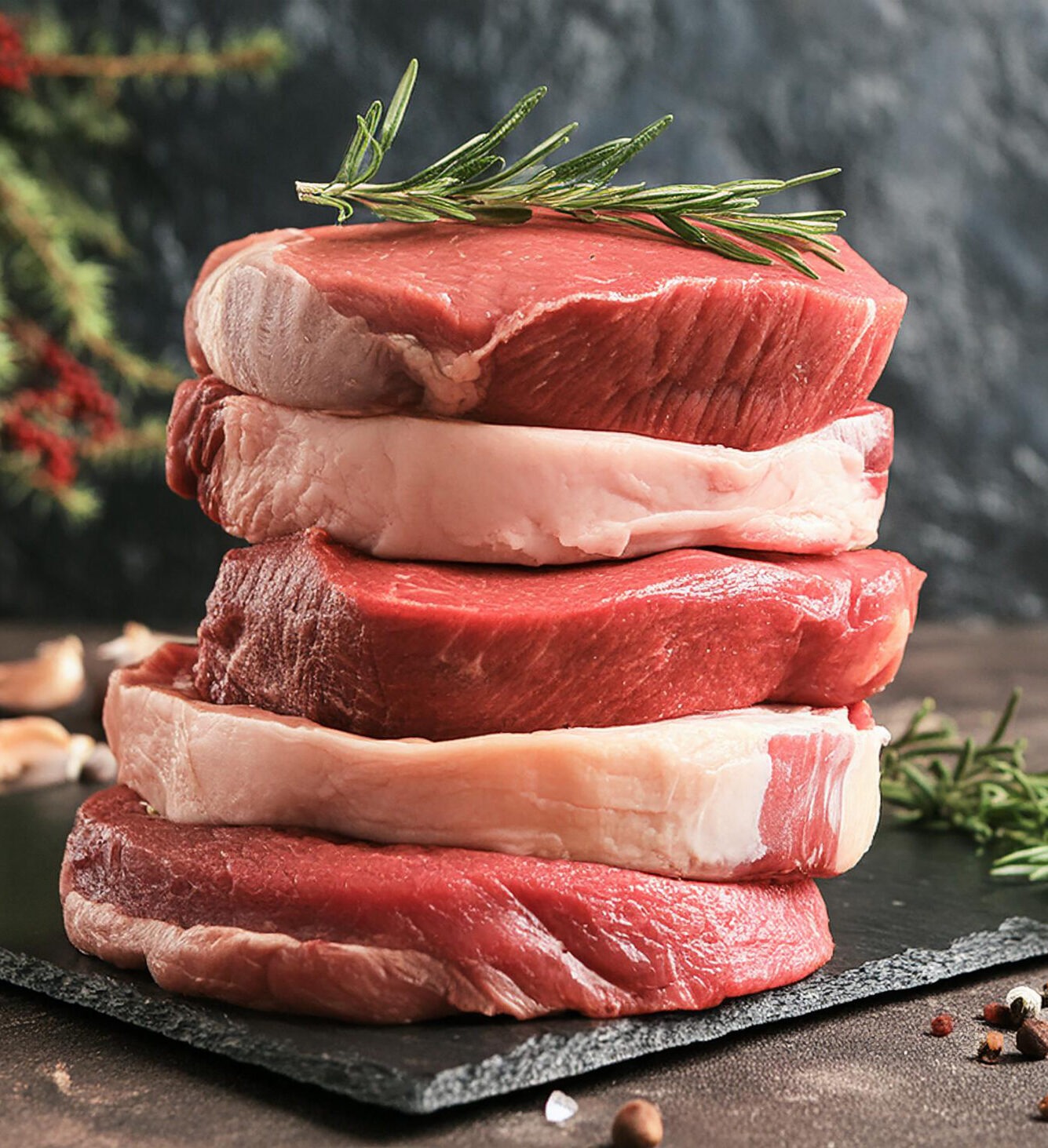Stack of raw meat pieces on dark stone background. Fresh steaks. Organic and tasty product.